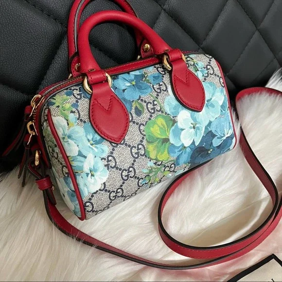Gucci GG Supreme Monogram Blooms Blue Hibiscus Blooms Mini Boston Bag Bags
